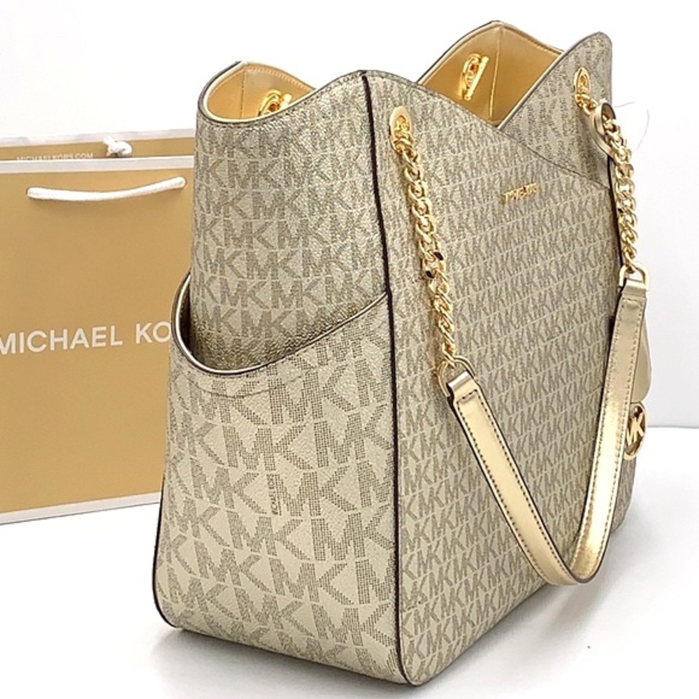 MICHAEL KORS LARGE X CHAIN SHOULDER TOTE BAG PALE GOLD SIGNATURE NWT - Picture 4 of 16